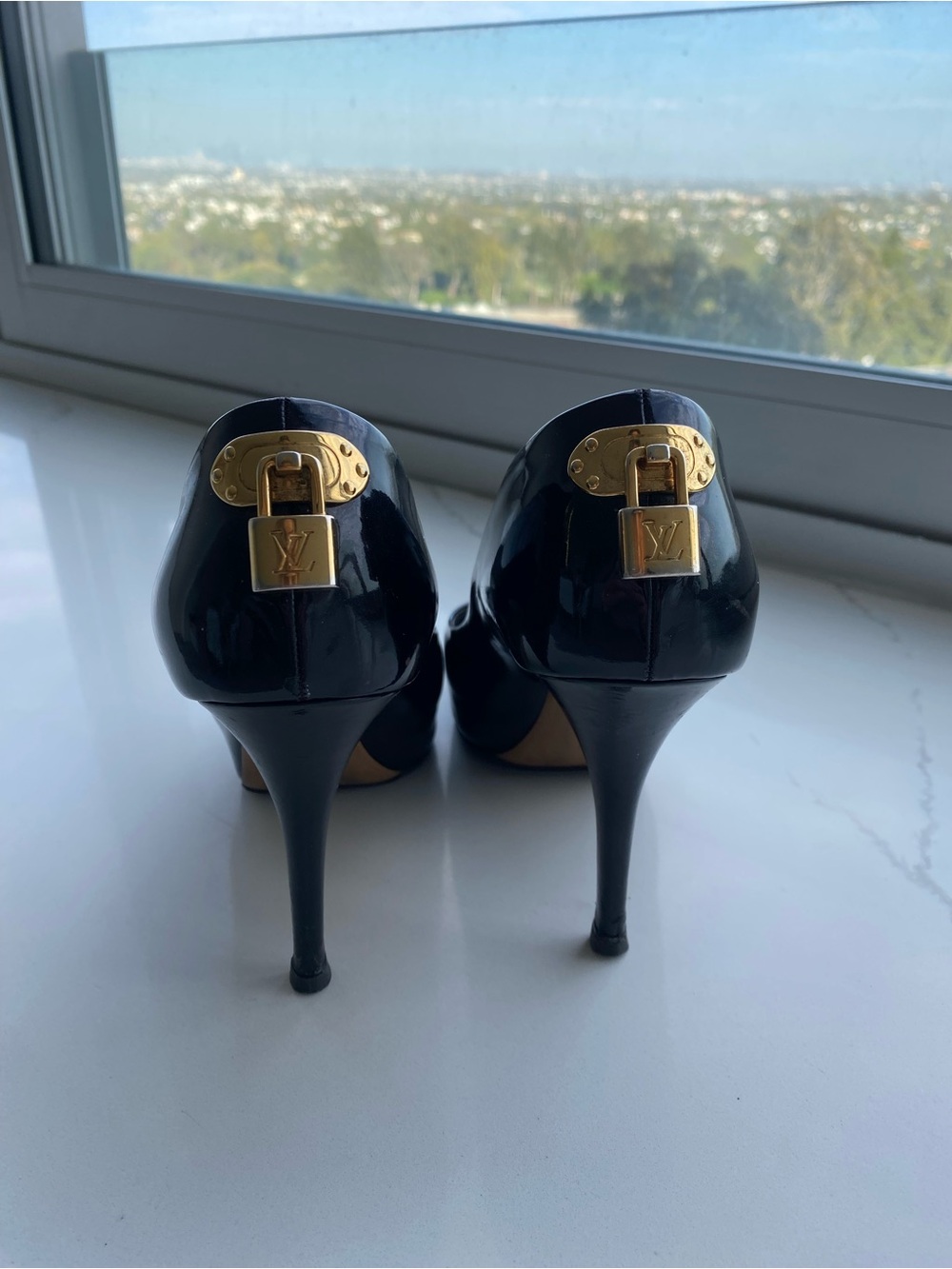 Louis Vuitton Black Patent Leather Gold Lock Stiletto Heels